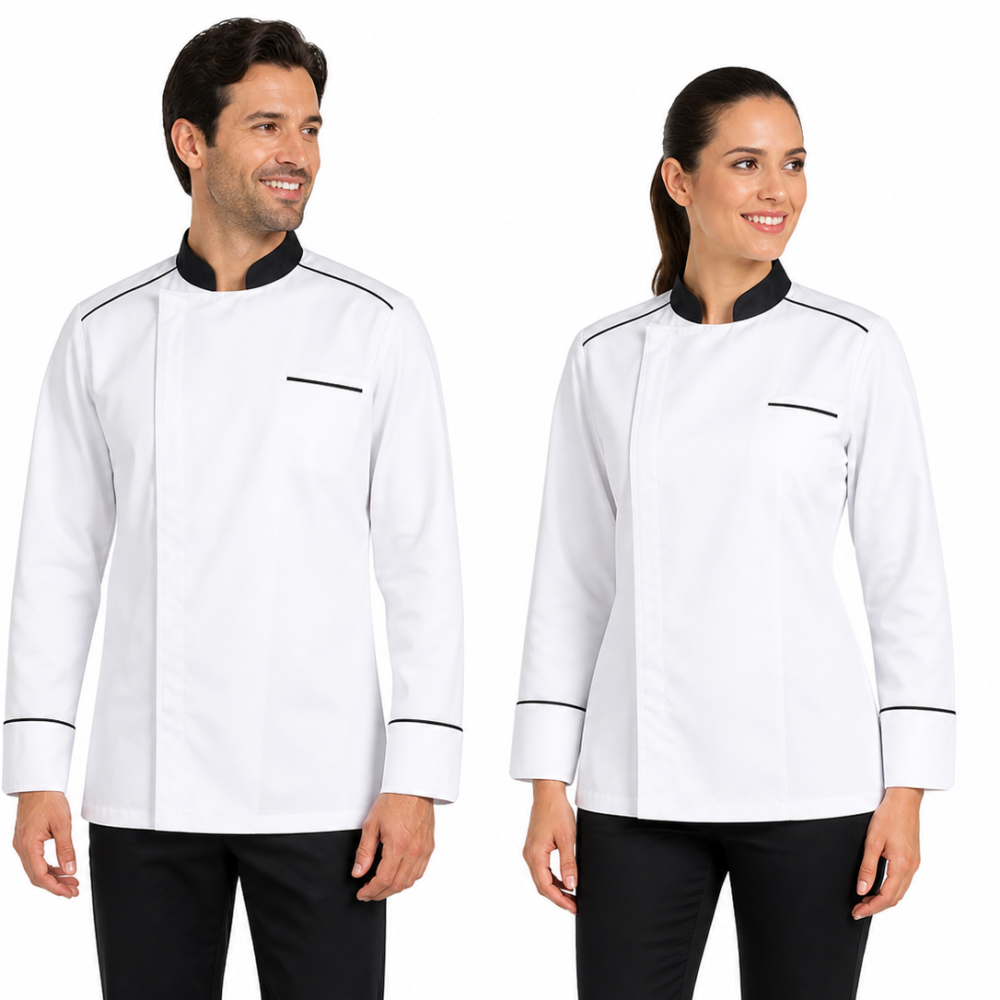 Veste de cuisine blanche respirante finition noire – Manches longues