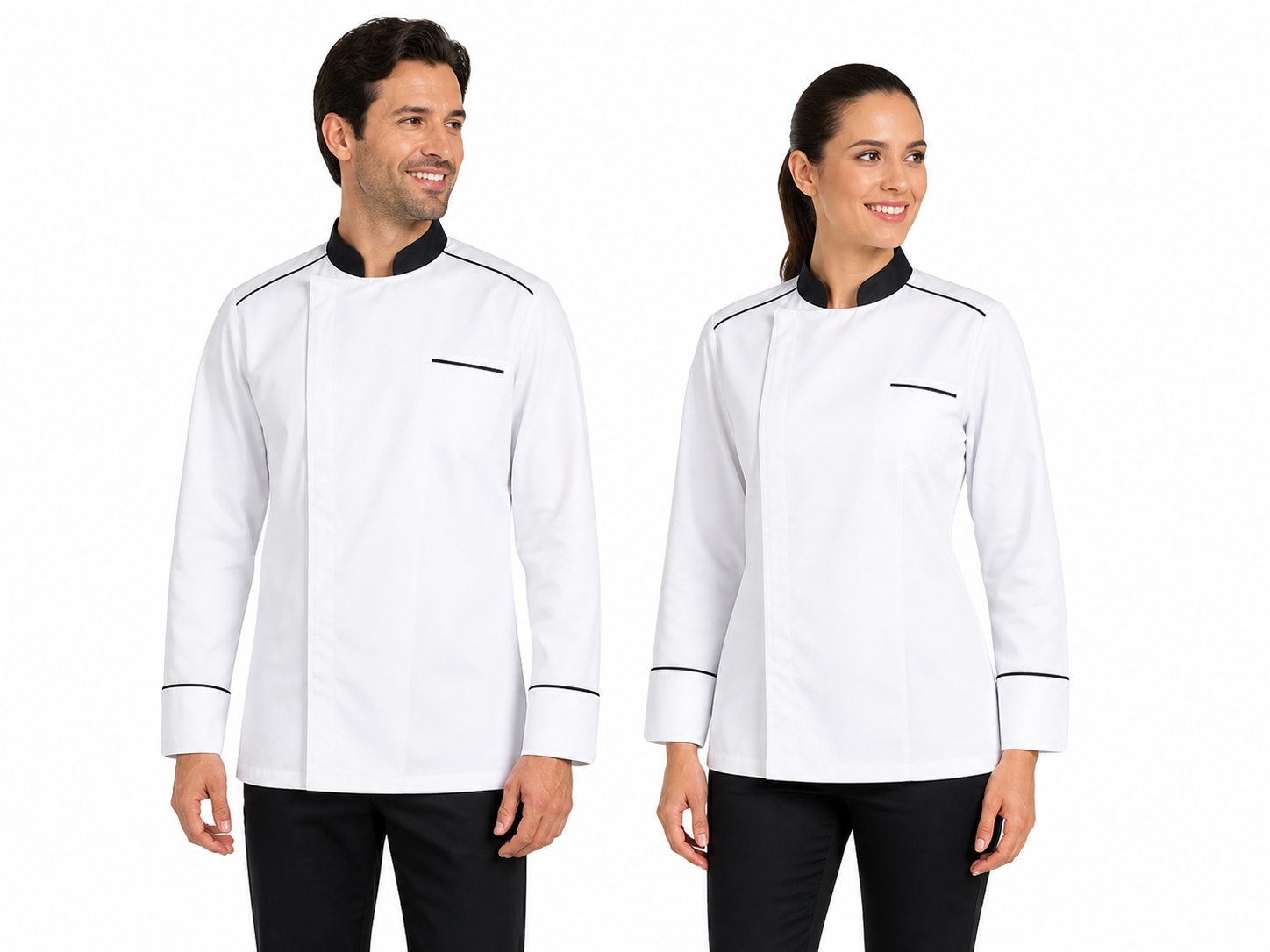 Veste de cuisine blanche respirante finition noire – Manches longues